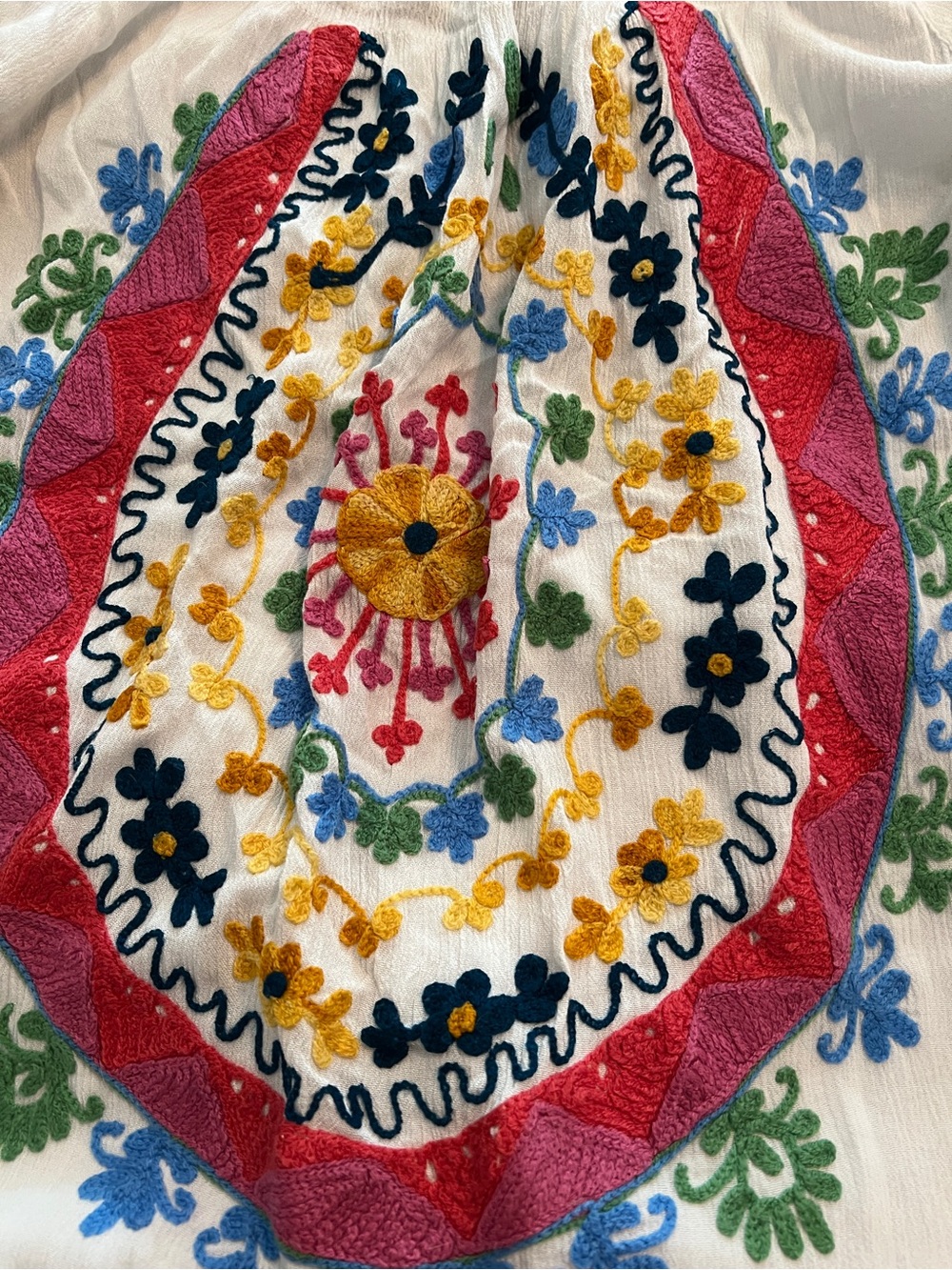 White Embroidered Peasant Tunic — Pink & Multicolor Embroidered Floral Detail - Picture 2 of 4